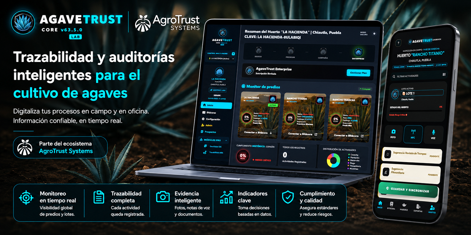 Dashboard y app movil de AgaveTrust para trazabilidad de agave