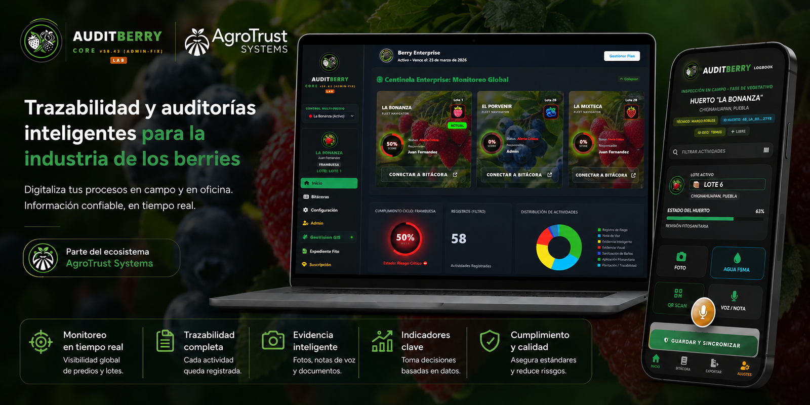 Dashboard y app movil de AuditBerry para trazabilidad de berries