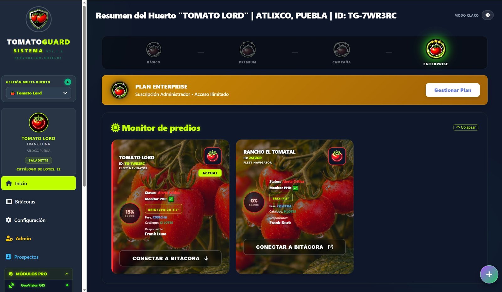 Dashboard central CORE de TomatoGuard