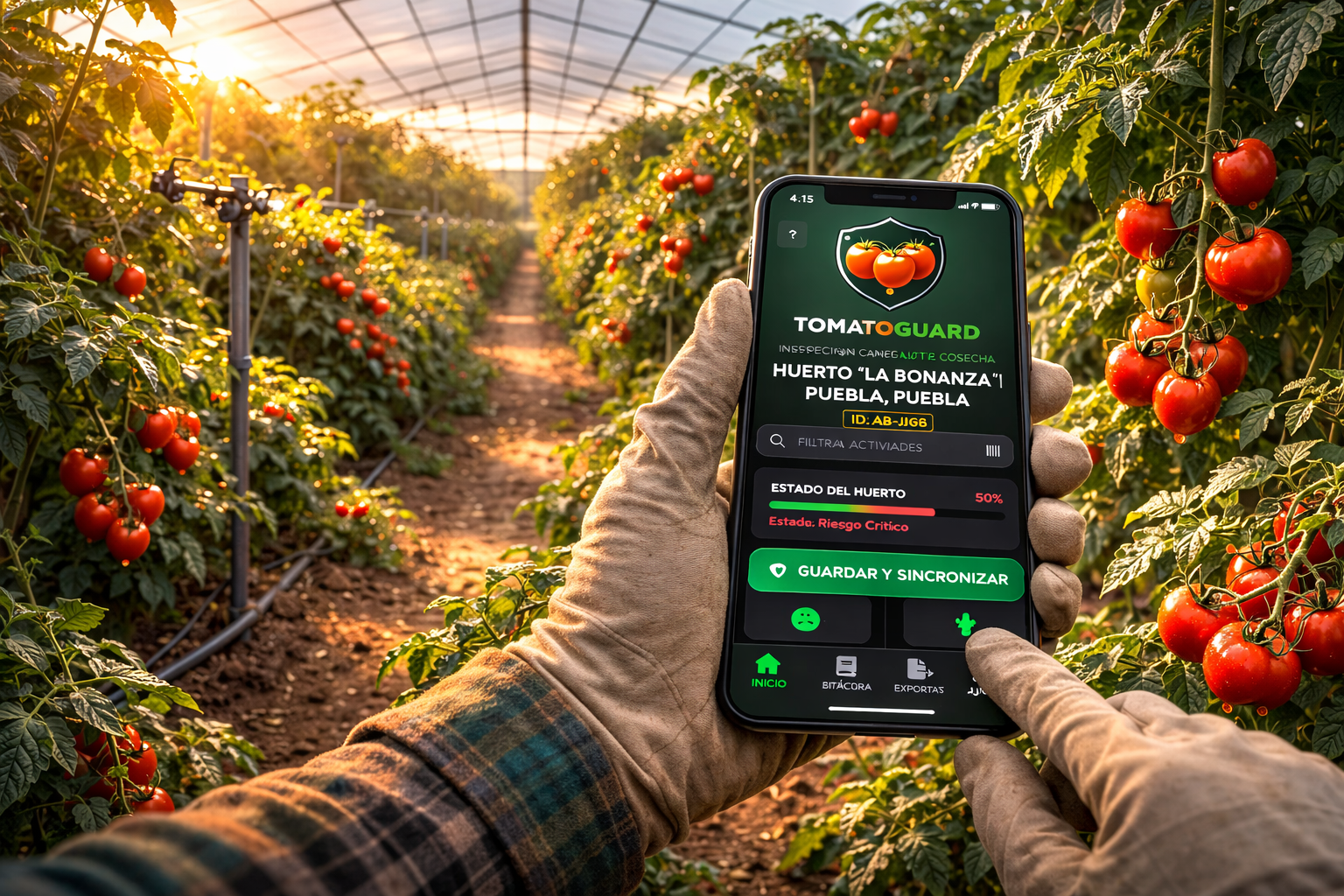 Tecnico capturando evidencia en la app móvil TomatoGuard